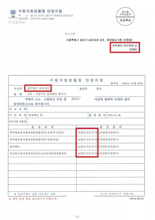 고소사건결정결과통지서